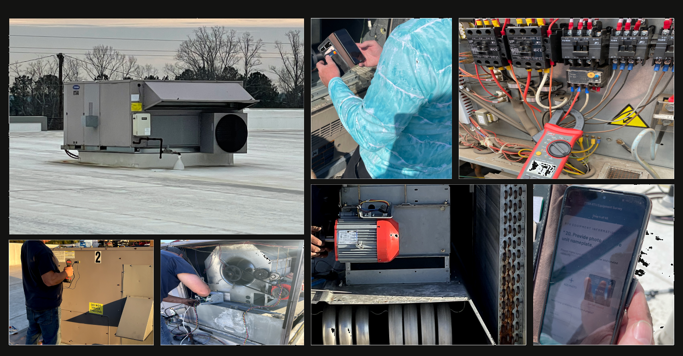 Field research photos: rooftop units, control panels, motor installs, and a technician using the app on site